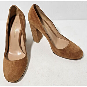 Gianvito Rossi Camel Cognac Suede Heels Pumps 36.5/6.5 Round Toe Block Heel $895